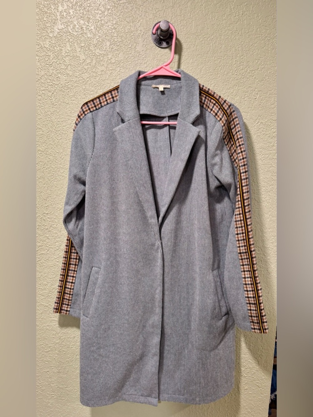 Mystree Blue-Gray Open-Front Coat with Plaid Sleeve Trim Size S